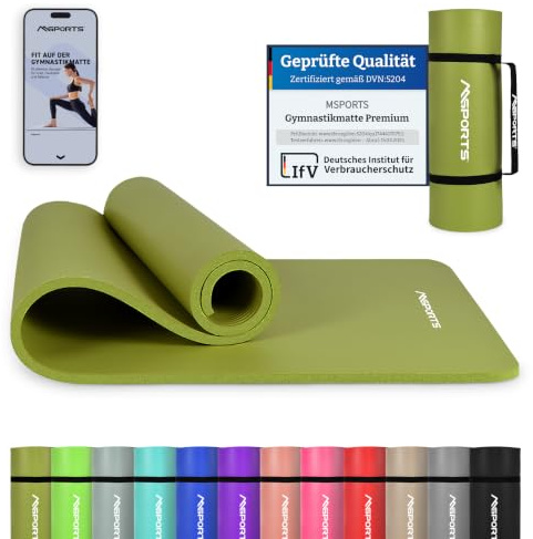MSPORTS Premium gymnastikmatta inklusive bärrem, träningsposter, träningsapp I Hudvänlig fitnessmatta 190 x 60, 80 eller 100 x 1,5 cm – olika färger, ftalatfri yogamatta.