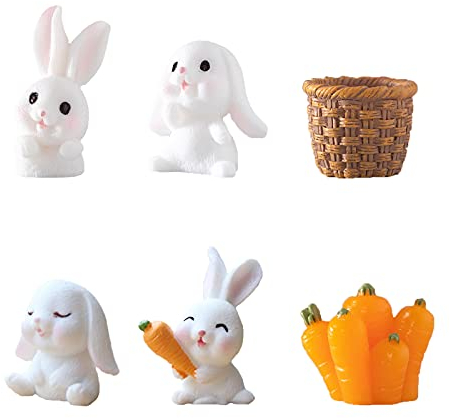 Miniatur Kaninchen Bunny Häschen Osterdeko Mini Hase Skulptur,Bunny Figuren Ornamente,Hasen Dekofigur,für Sukkulenten Fee Garten Deko Micro Landschaft Dekoration,4 Kaninchen,1 Bambuskorb,1 Radieschen
