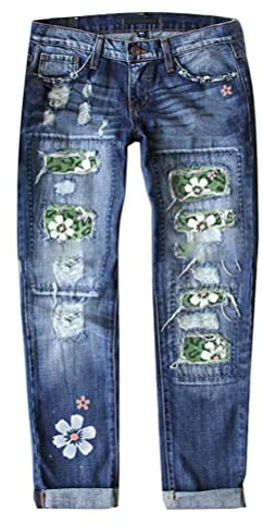 Onsoyours Jeans Femme Casual Imprimé Tournesol Jean Boyfriend Jambe Droite Jean Taille Haute Pantalon Bleu Jean Léopard Floral Patchwork Jean E Bleu02 L