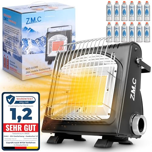 Z.M.C Calefacción Portátil 2 en 1 y Hornillo de Gas + 12 Cartuchos de 227g, Calentador Cerámico para Camping de 1,7 kW, para Exterior e Interior, Calefactor Móvil
