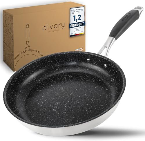 DIVORY Poêle à frire en acier inoxydable 24 cm ULTIME induction I grande poêle à frire à revêtement anti-adhésif pour tous les types de feux I Poignée ergonomique, convient au lave-vaisselle