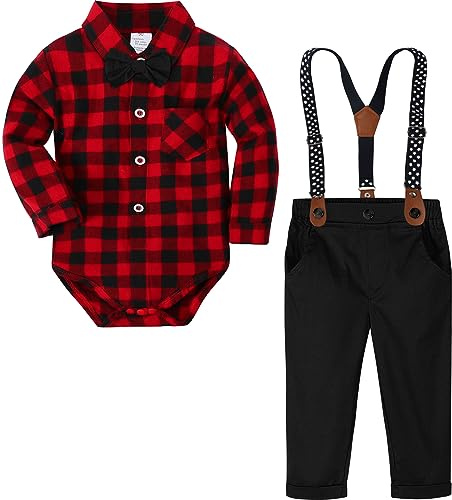 mintgreen Trajes para Niños de Boda, Ropa Navidad Bebe Bautizo Formal Smoking Manga Larga, Negro Rojo, 9-12 Meses, 80