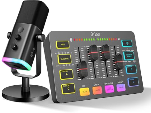 FIFINE XLR Streaming Mikrofon und Gaming Audio Mixer, USB Dynamisch Microphone Gaming PC für Podcast Studio, Streaming RGB PC Mixer mit XLR Mikrofon Interface (AM8 + SC3)
