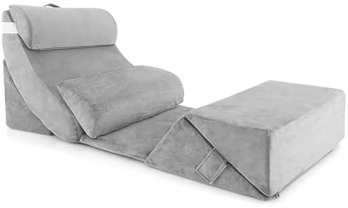 LIFEZEAL Set di 7 cuscini ortopedici per letto o divano, cuscino da lettura, fodera rimovibile e lavabile, cuscino per dormire con supporto per testa, collo, schiena e gambe, grigio (119 x 59 x 55 cm)
