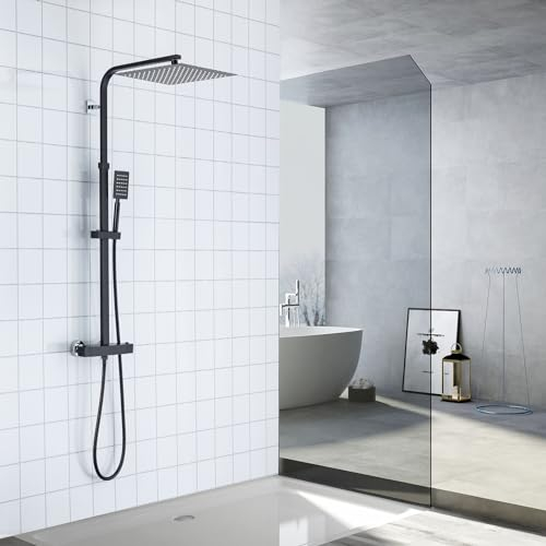 Auralum Colonna Doccia con Miscelatore Termostatico Nera, Colonna Doccia Acciaio Inox Altezza Regolabile 96-130CM, Miscelatore Doccia con 30x30CM Soffione Doccia