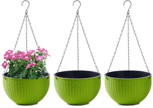 WOWEI 3 Pezzi Vasi da Parete, Vasi da Appendere in Plastica, Vasi da Fiori Sospesi Autoirriganti Vasi da Parete con Serbatoio dell'acqua e Foro di Scarico, Porta Vasi Sospesi con Catene (Verde, M)