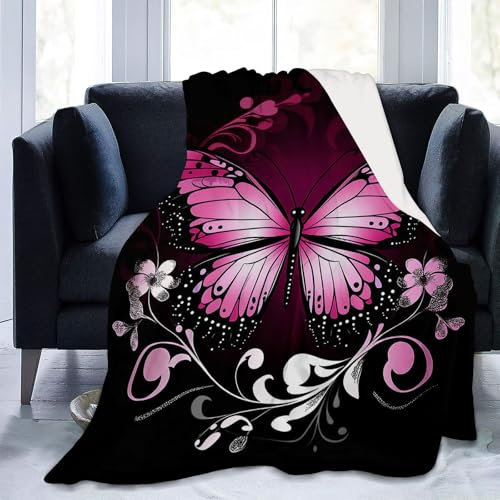 Kuscheldecke Weich Sherpa Schwarz Flanelldecke Fantasie Blumen Und Schmetterlinge warme Sofadecke geeignet als Geburtstagsgeschenk 200 x 220 cm Bedruckte Decke für alle Jahreszeiten