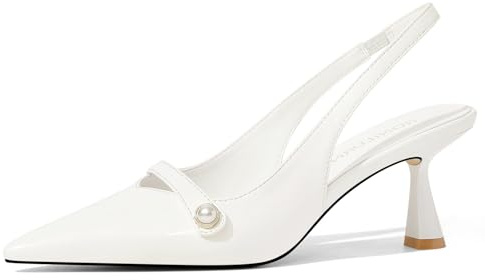 RONILURN Women Kitten Heels Slingback Low Heel Pumps Dress Shoes for Women Closed Pointed Toe Pearl Heels for Work Wedding Bridal, White, 8 UK