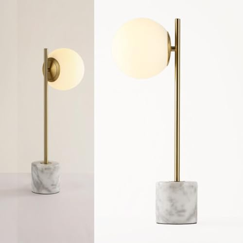 Alpinaluz Lámpara de Mesa con Base de Mármol Natural y Estructura de Metal Dorado – Pantalla Esférica de Cristal Opalino – Estilo Minimalista Decorativo – Casquillo E27 – Cable con Interruptor