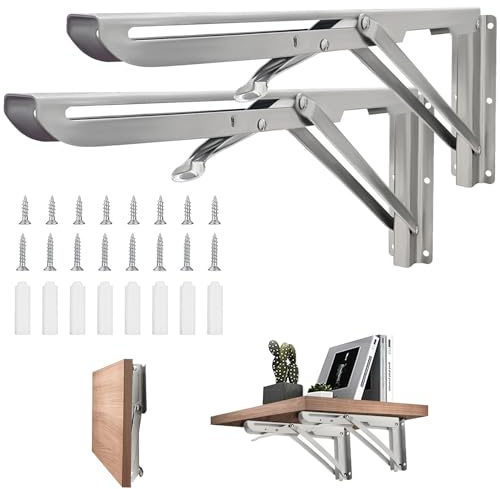Lot de 2 consoles pliantes en acier inoxydable - 500 mm - Supports d'étagère pliables - Charnière pliante pour bancs, étagères, montage mural, peu encombrante - Capacité : 330 lb