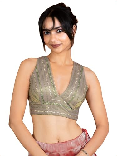 FIGURE'S DESIGNER Women's Sequin Embroidered SabyaSachi Cut V Neck Sleeveless Readymade Saree Blouse E24