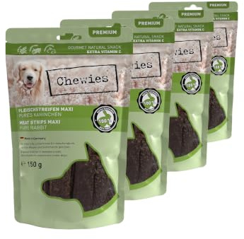 Chewies Köttremsor Maxi hundgodis tillverkat av 100% kaninkött – 4 x 150 g – lufttorkade kaniner tuggremsor för hundar – sockerfri och spannmålsfri – torkkött från kanin