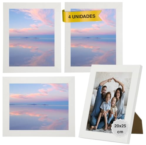 MARCOFOTO Marco de Fotos para Pared - Set de 4 Portafotos MDF con Cristal, uso vertical u horizontal - Decoración hogar u oficina, diplomas - Color Blanco 20x25 cm