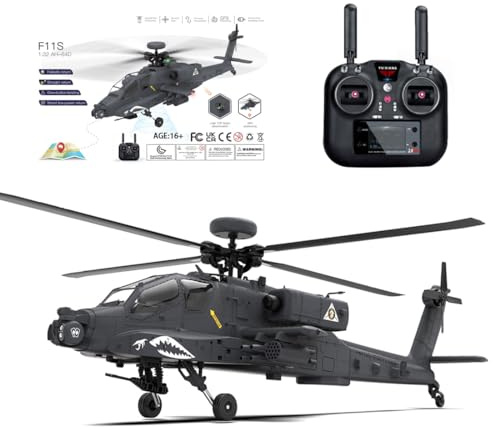BAUBAUPLAY F11-S AH64 RC Helicopter, 1/32 Remote Controlled Helicopter, 2.4G 6CH with 6G/3D Stunt Mode and GPS Tracking, Military Helicopter Toy for Adults - RTF
