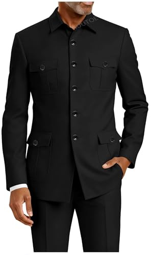 HUUTOE Mens Chinese Tunic Suits African Suits for Men Formal Jacket Slim Fit Safari Blazer Traditional Uniform Groom Wedding Prom Black Suit L