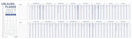 Urlaubsplaner 16 Mon 2027: Wandkalender 100x30 cm mit 16 Monaten auf 1 Seite (Dez. Vorjahr - März Folgejahr), für 25 Personen, Wochenzählung, gefalzt, Ferientermine, Sonn- & Feiertage