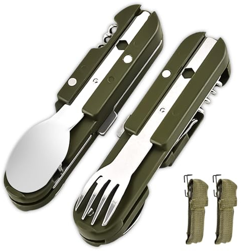 2 stycken campingbestick fällbart bestick, rostfritt stål bestick 5 i 1 fällbart bestick flasköppnare campingbestick som kniv gaffel sked set utomhus, bärbart bestick, grön
