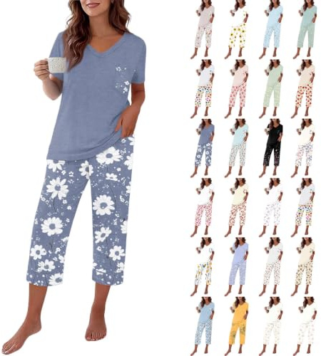 Cropped Pyjamas for Women 2 Piece Short Sleeve Floral Print Pyjama Set Soft Comfy Cotton V Neck Loungewear Tops and Capri Pants with Pockets Lightweight Breatheable Sleepwear Nightwear