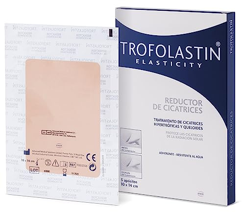 Trofolastin, Reductor de Cicatrices, Apósitos Adhesivos para Cicatrices Hipertróficas y Queloides, Quemaduras y Cortes, Protección Solar UPF 50+, Tamaño 10x14cm, 5 Unidades