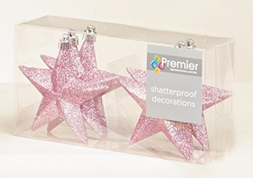 Premier 6 x Glitzernde Sterne in Altrosa, Hängender Schmuck für Weihnachts-/Christbaum, 10 cm