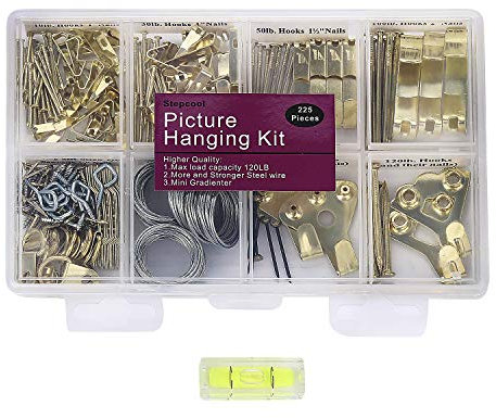 Ganchos para cuadros, kit para colgar cuadros de 225 piezas, ganchos para marcos resistentes con clavos, alambre para colgar, armellas, anillas en forma de D y dientes de sierra para montaje en pared