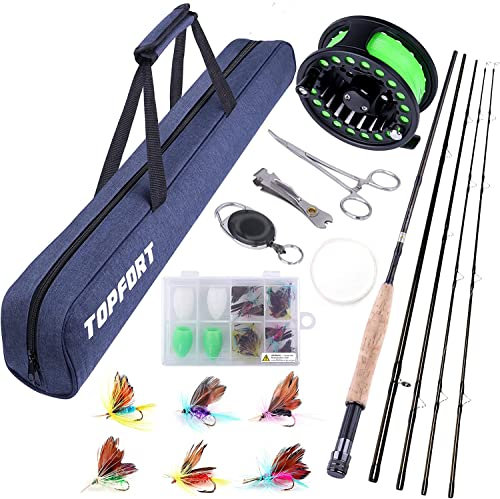 TOPFORT Fliegenfischrute und Rolle Combo Starter-Set, 4-teilig, leicht, Ultra-tragbar, Graphit, 5/6, komplettes Starterpaket mit Tragetasche
