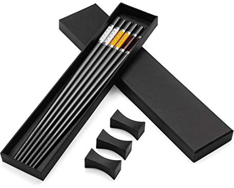 3 paia di bacchette giapponesi di alta qualità in lega di alluminio nero + 3 bacchette per chopstick, bacchette in acciaio inox con supporto, set regalo di bacchette cinesi