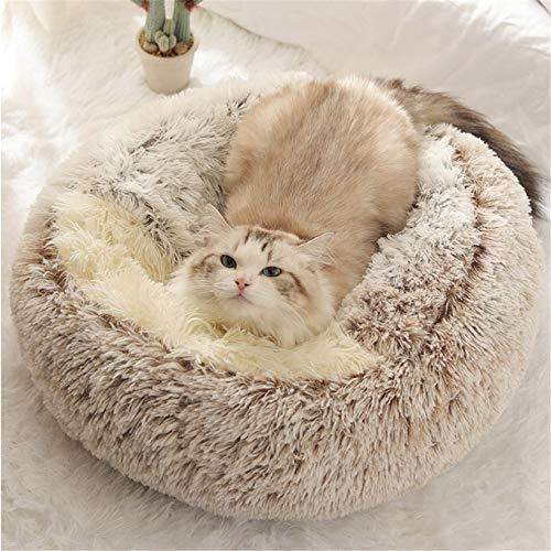 linlinfa Letto per Gatti Morbido, Rotondo, in Morbido Peluche, con Cappuccio, per Interni e Invernali, per Dormire, Antiscivolo, Lavabile in Lavatrice, per Gatti, Cuccioli,50 * 50cm-caffè-Peluche