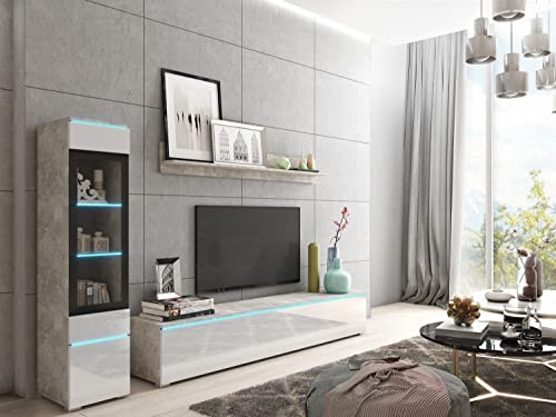 PIASKI Conjunto de Muebles de Salón Vera I con Mueble de TV, Vitrina y Estantería, Tablero Laminado MDF, Cristal Templado, Montaje Sencillo, Hormigón/Blanco Brillo