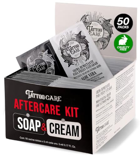 Tattoo Aftercare Kit - Cream and Soap (50-Pack), Brightening Formula for Tattoo Artists & Travel - Ink Hydration Tattoo Lotion Pillow Packs