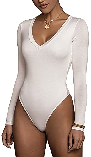 RoomTour Body Thermooberteile für Damen Elegant Langarm Bodysuit Tops Damenbody for Damen Stringbody 1-Weiß S