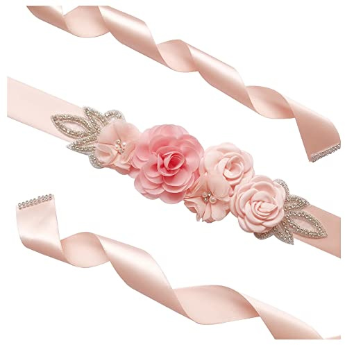 SHTGOI Cinturón de mujer con perlas de estrás para novia, con flores, cinta de raso, para bodas, para dama de honor, faja, rosa, vestido de novia, accesorio para vestido, 270 cm, rosa claro