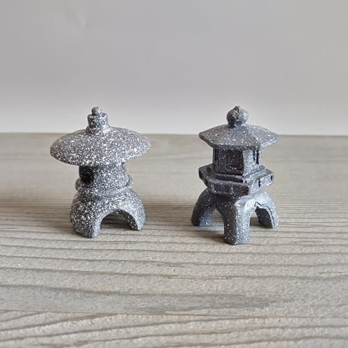 Farol japonés en miniatura para terrario de mesa, jardín zen, jardín de hadas, decoración de árbol bonsái (paquete doble, gris oscuro)