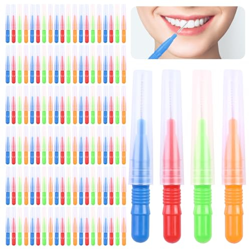 Acboor 100 Stück Interdentalbürsten Zahnzwischenraumbürsten Dentalbürsten Zahn Zwischenraum Bürste Wiederverwendbar für Reinigung Zahnreinigung Werkzeug Zwischen den Zähnen Rot Blau Hellgrün Orange