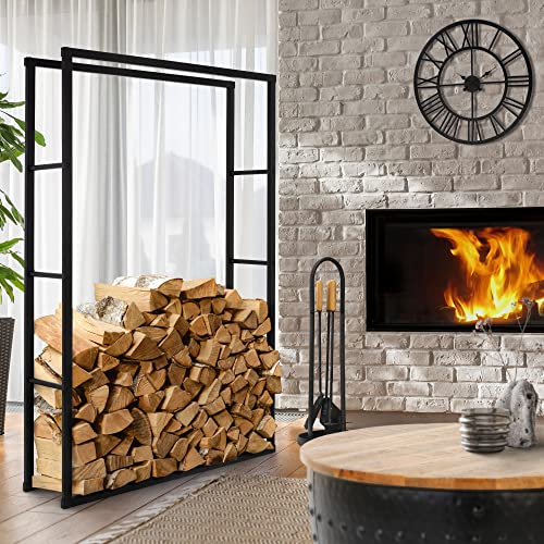 ML-Design Estanteria Metálica para Leña 100 x 150 x 25 cm Soporte Organizador de Madera para Interior o Exterior, Leñero Negro Moderno Junto a Chimenea/Fogata Estructura de Acero para Apilar Troncos