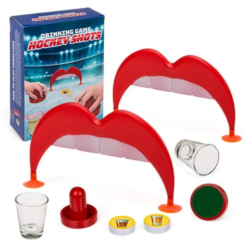 MIJOMA Drickspel Hockey Shots – inklusive 2 mål, 2 putsar, 2 bollar, 4 sugkoppar, 2 shooter-glas (50 ml) & 2 klistermärken – din festhjälp för roliga kvällar och som festgåva
