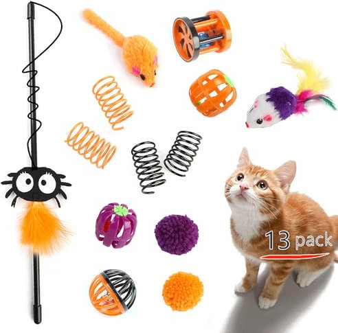 Speedy Panther 13 Pcs Cat Toys - Indoor Cat Spider Teaser Wand, Halloween Kitten Wand, Interactive Spring Mouse & Plush Ball Toys