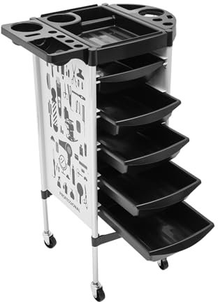 Chariot de salon de coiffure - Avec 5 tiroirs extensibles - Support pliable - Pour coiffeur - Noir et blanc