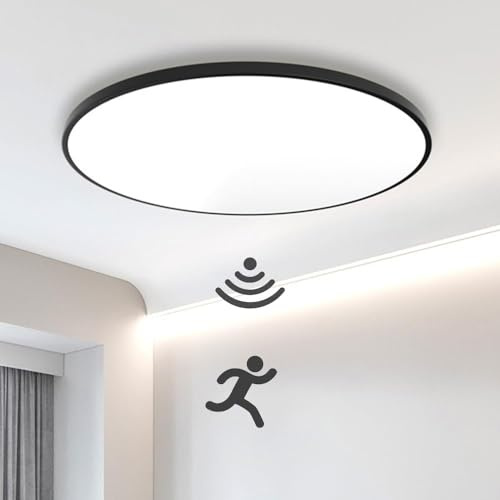 XINYASEE LED Plafón con Sensor Movimiento ，Plafon de Techo Redonda Ultra Delgada,Impermeable Blanco Frío 6500K，18W,30W,40W,Plafón LED sencillo,para Cocina, Baño, Comedor, Pasillo, Balcón (Negro, 18W)