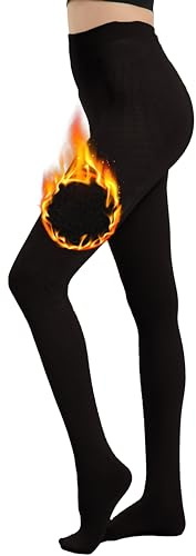 Hiltzo Fleece Lined Tights for Women, Warm Thermal Opaque Leggings, Winter Soft Thick Pantyhose Black L-XL