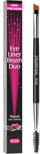 Angled Eyeliner Brush Duo by KESHIMA – Extra Fine Precision Eye Liner Brush & Spoolie – Dual-Ended Tool for Liner Application, Eyebrow Grooming, Shaping & Blending Powders, Gels & Liquids