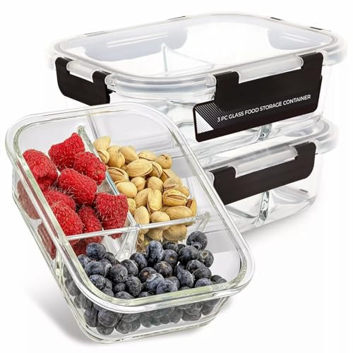 Vivo Technologies 3pcs Glass Containers with Lids Glass Meal Prep Containers with 3 Compartment, Airtight Easy Snap & Lock Lids, Microwavable, Dishwasher and Oven Safe