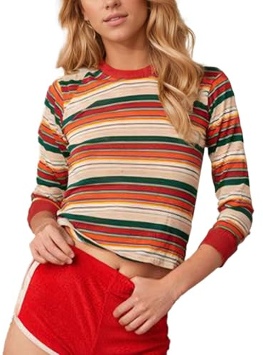 EMOTTOS Donna Rainbow Maglietta a Righe, Y2K T-Shirt Colorblock Slim Fit con Manica 3/4, Aderente Top di Patchwork a Righe con Collo Rotondo Maglietta per Uscire in Discoteca, L