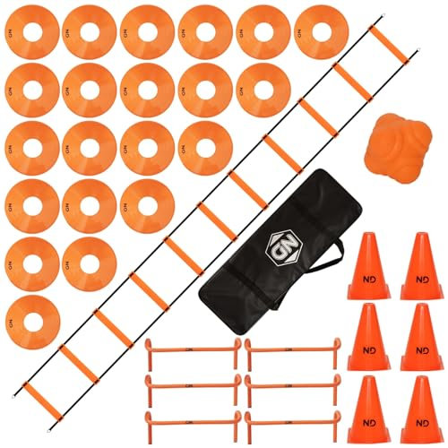 ND Sports Football Training Equipment – Agility Speed Ladder & Cones Set for Kids & Adults | 4m Ladder with 10 Rungs, 6x Traffic Cones, 6x Hurdles, 20 x Marker Cones 1x Reaction Ball & Carry Bag