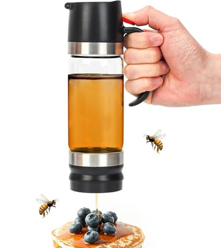 Syzplnwy Glas honungsdispenser 350 ml (12 oz) – droppfri pip med handtag och halkfri bas, mångsidig glasbehållare för honung, smakkoncentrat kaffe (diskmaskinstålig) (svart)