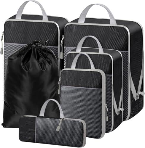 NMNGB 6 Stück Kompression Packwürfel für Koffer Essential Tasche mit Mesh Erweiterbar Reise Organizer Reißverschluss Multifunktions Organizer Schwarz