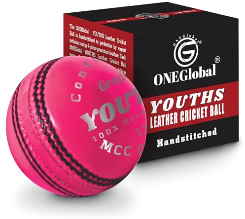 ONEGlobal Palla da cricket junior in vera pelle, cucita a mano, 136 g, palline da cricket rigide per ragazzi, qualità da partita 4 3/4 oz Junior Hard (JUNIOR, 1-rosa)