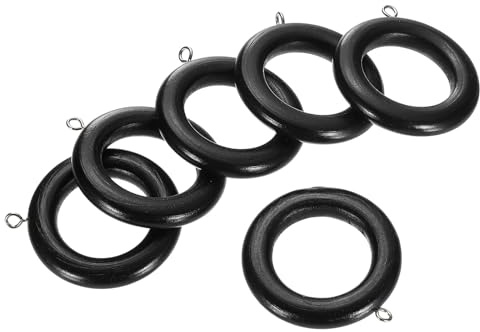 QUARKZMAN 6 Pcs Bois Rideau Draperie Anneaux, 2.36 Pouce Bois Anneau Crochet avec Vis Œil pour Draperie Tringle, Brillant Noir/Argent