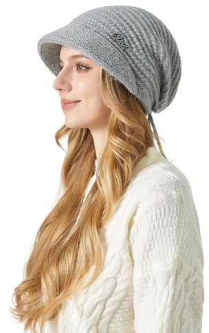 AYPOW kvinnor vinter ull stickad slouchy visir mössa hatt, varm vindtät justerbar fleece fodrad öronskydd basker hattar nyhetspojke-mössa, damer vinter utomhus tillbehör för daglig 55-60 cm, Grå, one