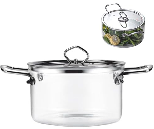 Glaskastrull med lock, 2,5 L genomskinlig simmer kastrull med dubbla rostfria stålhandtag, värmebeständiga glaskrukor för matlagning pasta, nudel, soppa, mjölkkastrull, gryta, simmare, glas